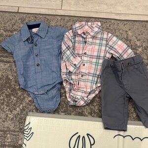 Baby Boy Outfit Set - Blue and Plaid Bodysuits with Gray Pants
